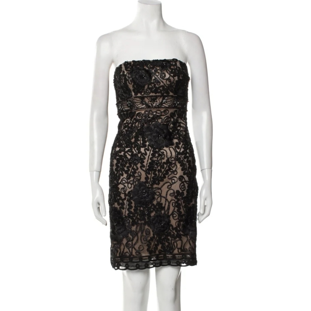 Vintage Sue Wong Nocturne Black Lace Mini Dress  4 Sheer Prom Sequin Strapless